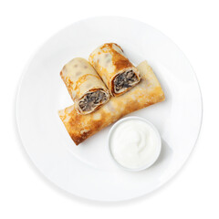 Russian pancakes stuffed with chicken and mushrooms, on a white background, isolated. top view.
