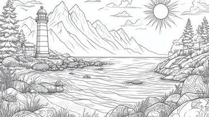 Obraz premium Coastal Landscape with Lighthouse Illustration
