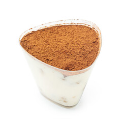 Creamy chocolate dessert in a plastic cup, on a white background, isolated.