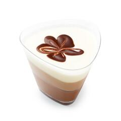 Creamy chocolate dessert in a plastic cup, on a white background, isolated.
