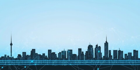 City Skyline at Dusk With Digital Overlay Representing Technology and Connectivity in an Urban Environment