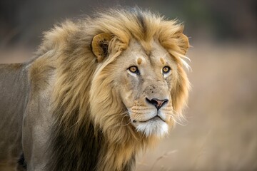 Fototapeta premium A majestic portrait of a male lion, showcasing its powerful mane, piercing golden eyes, and regal expression, embodying strength, dominance, and the wild beauty of the savanna.