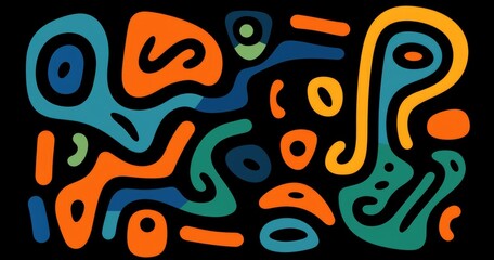 Abstract colorful shapes and lines on a black background, creating a dynamic visual pattern.