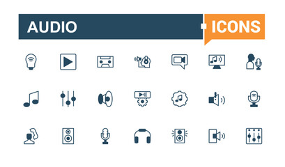 Audio minimal icon set. Contains related to soundwave, music, headphones, wave, mixer, speaker and more. Outline symbol collection. Solid line editable vector illustration.