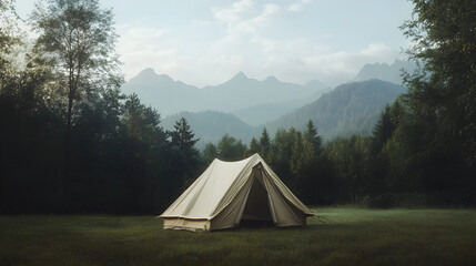 Minimalist Tent in Forest with Mountain Backdrop: Embracing Nature's Serenity in Simplified Form