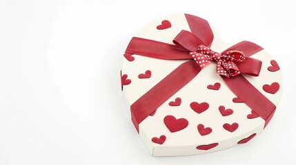 A heart-shaped gift box with a red ribbon and small hearts around it on a white background butterfly on a red background
