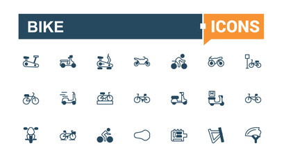 Bike vector line icon set. Contains such icons as healthy, classic, city, app, sport and more. Isolated icons design. Editable vector outline and solid icons.