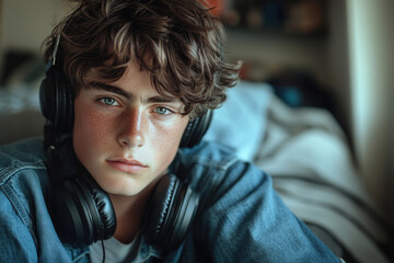 Teenage boy with headphones, freckles, and curly hair, looking at the camera with a serious expression.