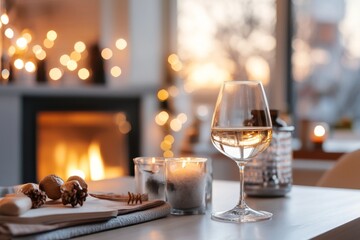 Cozy indoor setting with a glass of white wine and decorative candles near a warm fireplace