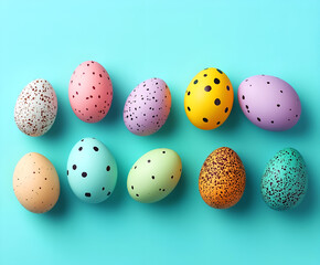  Œufs de Pâques pastel à pois et mouchetures sur fond turquoise vif – Décoration de vacances de printemps