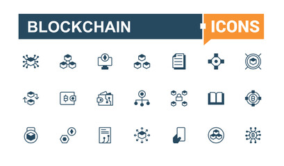 Blockchain lined icons set. It contains symbols to blockchain, key, digital, coin, node, bank, smart, 8s. Set of line pictogram. Solid line editable vector illustration.