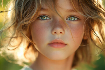 A close-up portrait of a young girl with blonde, windblown hair and striking green eyes.