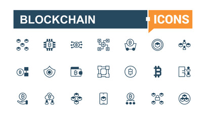 Blockchain lined icons set. It contains symbols to blockchain, key, digital, coin, node, bank, smart, 8s. Set of line pictogram. Solid line editable vector illustration.