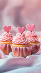 Three pink frosted cupcakes with heart-shaped toppers on a soft fabric background.