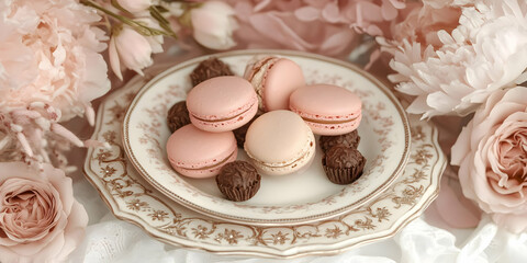 Fototapeta premium A decorative plate featuring pink macarons and chocolates, surrounded by flowers.