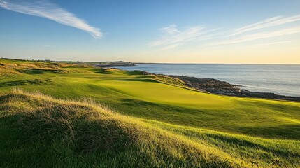 An adventurous golf course on a links course by the sea, Golf clubs set for a challenging round, Links adventure style