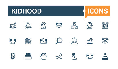 Kidhood icon set. Icons boy, baby, people, web, education, learning, kids and more. Set of line pictogram. Editable vector outline and solid icons.