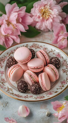 Fototapeta premium A decorative plate of pink macarons and chocolate treats surrounded by pink flowers.