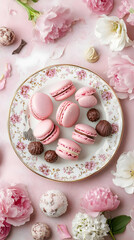 A decorative plate with pink macarons and chocolates, surrounded by peonies and petals.