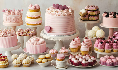 A display of various pink-themed desserts and cakes, perfect for celebrations.