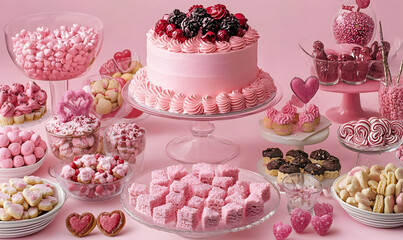 Naklejka premium A delightful display of pink desserts and sweets for a celebration.