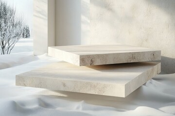 Modern architectural design featuring suspended stone slabs in a snowy landscape
