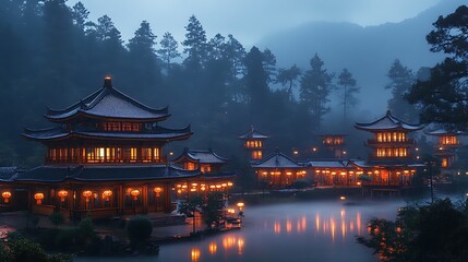 Obraz premium Illuminated Asian Temples Mist Shrouded Mountains