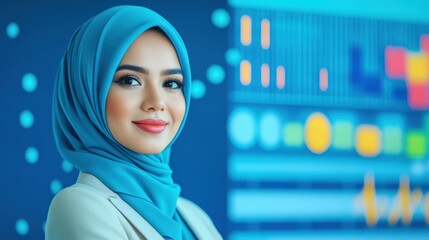 Confident woman in hijab analyzing data on a digital screen in professional setting.