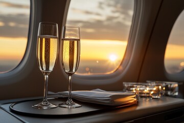 Enjoying champagne in a first-class cabin during a stunning sunset