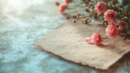 Elegant greeting scene with pink roses on textured paper, creating romantic atmosphere. Perfect for invitations or heartfelt messages