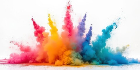 Colorful Rainbow Holi Paint Powder Explosion - Vibrant Splashes Against White Backdrop