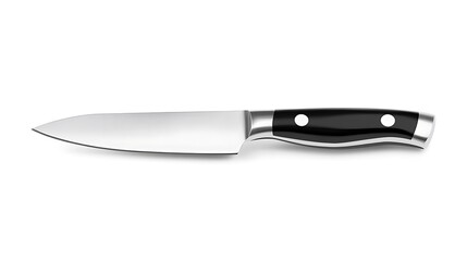 Sharp stainless steel paring knife with black handle isolated on white background.