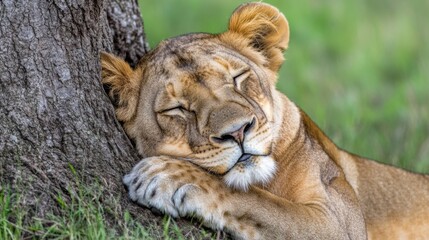 Naklejka premium Peaceful Lioness Resting Against a Tree Trunk in a Serene Natural Setting Surrounded by Lush Green Grass on a Warm Sunny Day in the Wilderness