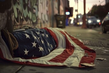 Homeless veteran sleeping under american flag on a city sidewalk at dusk