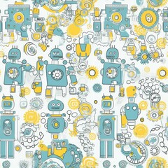 Colorful robots and gears create a whimsical pattern ideal for childrens decor and playful designs....