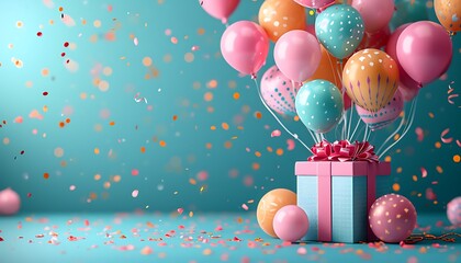 A pastel pink gift box tied with a ribbon, surrounded by vibrant balloons and colorful confetti. A festive scene perfect for joyful celebrations.
