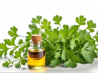 Cilantro leaves and essential oil are displayed on a clean surface offering fresh herbal aroma and culinary possibilities