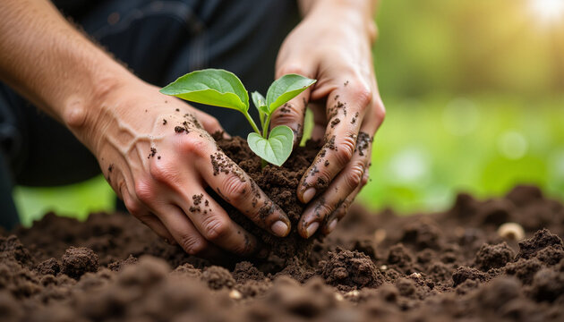Person planting a young seedling in rich soil with hands covered in dirt in a vibrant garden setting