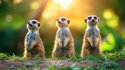 Obraz premium Three Curious Meerkats Standing Upright in Natural Habitat with Warm Sunset Glow in Background, Capturing a Moment of Playful Interaction and Delightful Curiosity