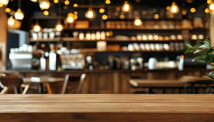 Elegant Wood Texture Table Top with Upscale Coffee Shop Ambiance and Warm Lighting