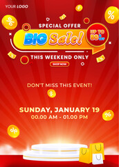 Big sale vertical poster flyer design template with podium isolated on abstract background
