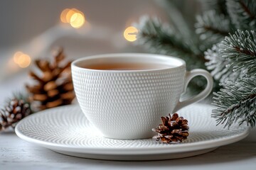 Fototapeta premium Cozy Cup of Tea on a Plate Surrounded by Pinecones and Winter Decorations in a Softly Lit Indoor Setting During the Holiday Season