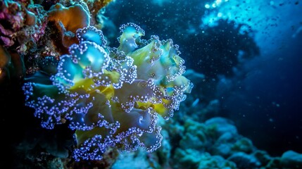 Fototapeta premium Colorful Coral Reef With Glowing Anemones and Vibrant Marine Life in a Deep Blue Ocean Underwater Landscape