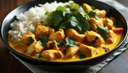 Delicious Yellow Curry with Chicken, Rice, and Fresh Cilantro Served in Stylish Bowl
