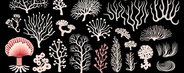 A collection of illustrated coral species on a black background.