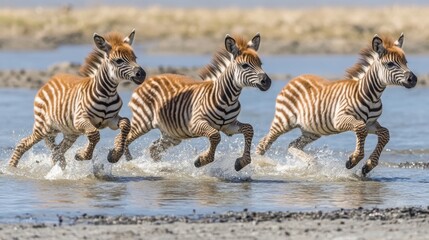 Fototapeta premium Trio of Playful Zebra Foals Splashing Through Shallow Water on a Sunny Day in the African Savanna, Capturing the Joy and Energy of Nature's Youngest Creatures