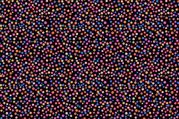 Naklejka premium Multicolor polka dot pattern with small, evenly spaced vibrant dots on a black background. Ideal for playful and retro-inspired designs.