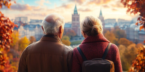 Fototapeta premium Portrait of smiling elderly senior couple. they stand with their backs and look at the landmark