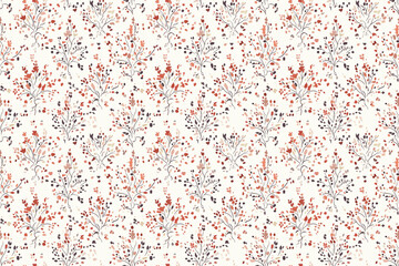 A minimalist seamless pattern of delicate red and black floral elements on a light background, perfect for fabric or gift wrapping designs.