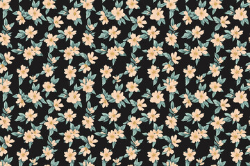 A dark seamless floral pattern with peach flowers and subtle green foliage, exuding elegance and sophistication for premium textile and decor.